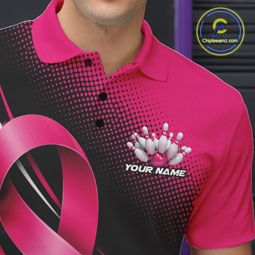 Custom Black And Pink Breast Cancer Ribbon Bowling Team Men Polo Shirt, Bowling Jersey IPHW12053