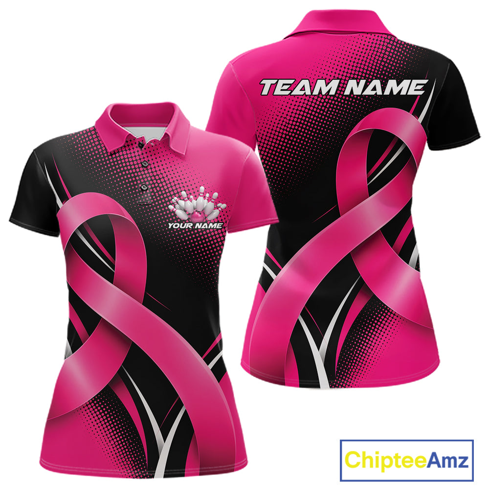 Custom Black And Pink Breast Cancer Ribbon Bowling Team Women Polo Shirt, Bowling Jersey IPHW12053