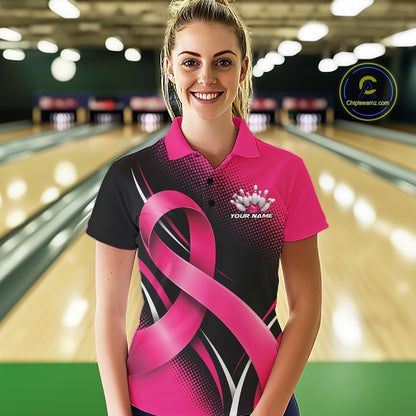 Custom Black And Pink Breast Cancer Ribbon Bowling Team Women Polo Shirt, Bowling Jersey IPHW12053