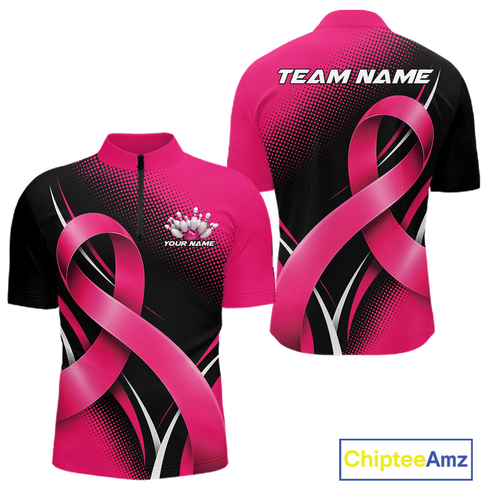 Custom Black And Pink Breast Cancer Ribbon Bowling Team Men Quarter Zip Shirt, Bowling Jersey IPHW12053