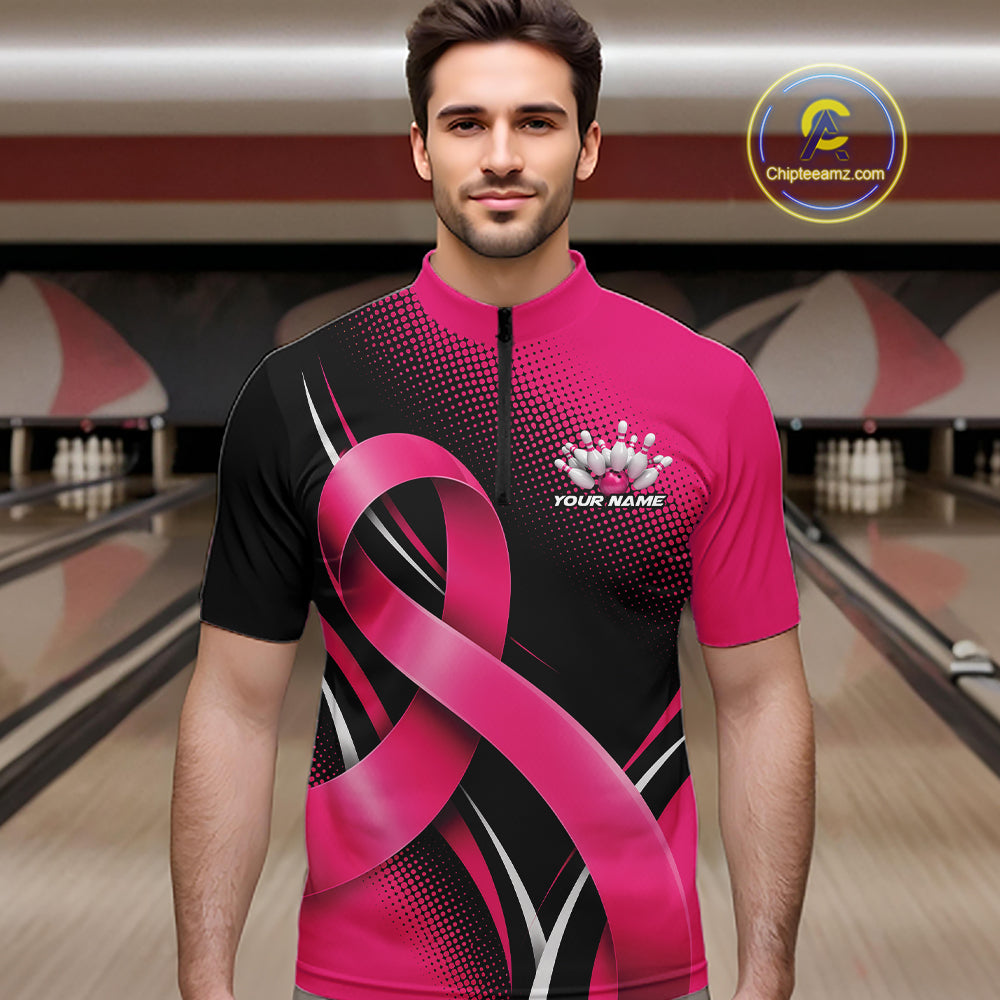 Custom Black And Pink Breast Cancer Ribbon Bowling Team Men Quarter Zip Shirt, Bowling Jersey IPHW12053