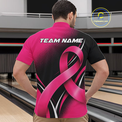 Custom Black And Pink Breast Cancer Ribbon Bowling Team Men Quarter Zip Shirt, Bowling Jersey IPHW12053