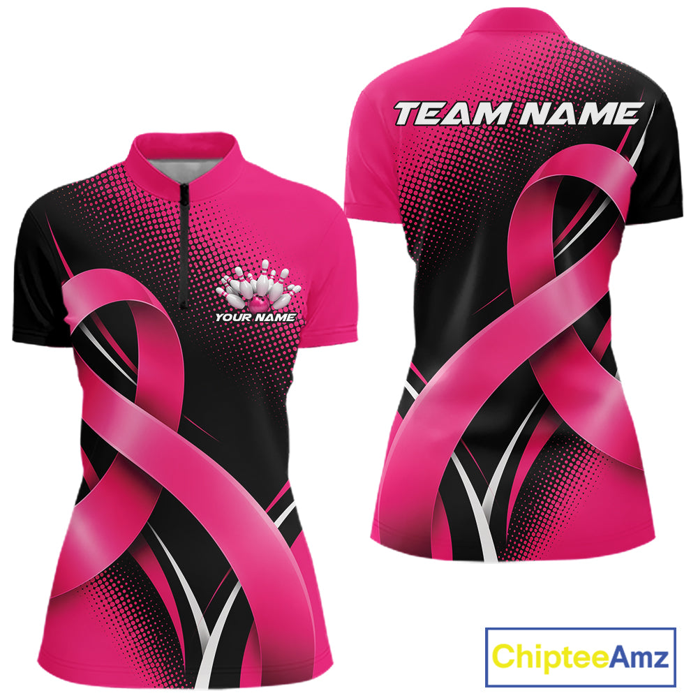 Custom Pink Breast Cancer Ribbon Bowling Team Women Quarter-Zip Shirt, Bowling Jersey IPHW12053