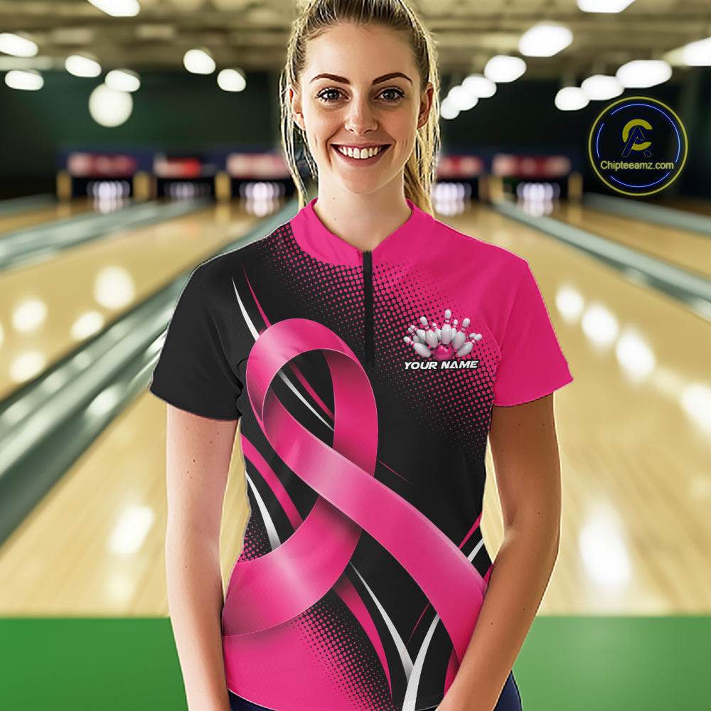 Custom Pink Breast Cancer Ribbon Bowling Team Women Quarter-Zip Shirt, Bowling Jersey IPHW12053