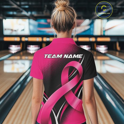Custom Pink Breast Cancer Ribbon Bowling Team Women Quarter-Zip Shirt, Bowling Jersey IPHW12053