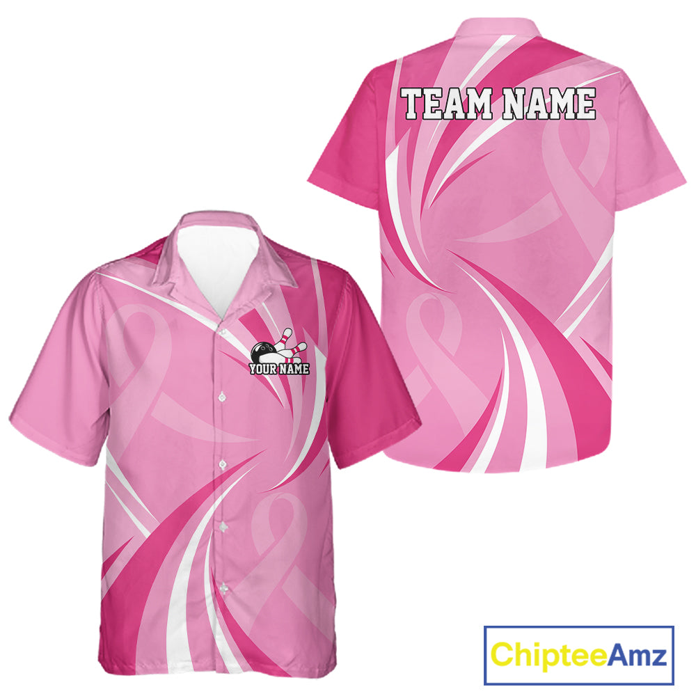 Custom Breast Cancer Awareness Pink Ribbon Bowling Team Men And Women Button Up Shirt Bowling Jersey IPHW12057