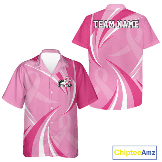 Custom Breast Cancer Awareness Pink Ribbon Bowling Team Men And Women Button Up Shirt Bowling Jersey IPHW12057