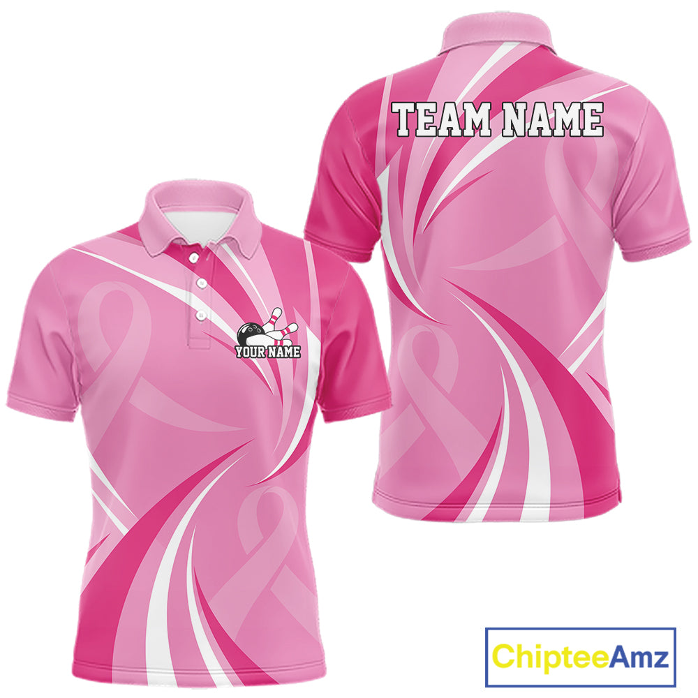 Custom Breast Cancer Awareness Pink Ribbon Bowling Team Men Polo Shirt Bowling Jersey IPHW12057