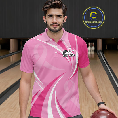 Custom Breast Cancer Awareness Pink Ribbon Bowling Team Men Polo Shirt Bowling Jersey IPHW12057
