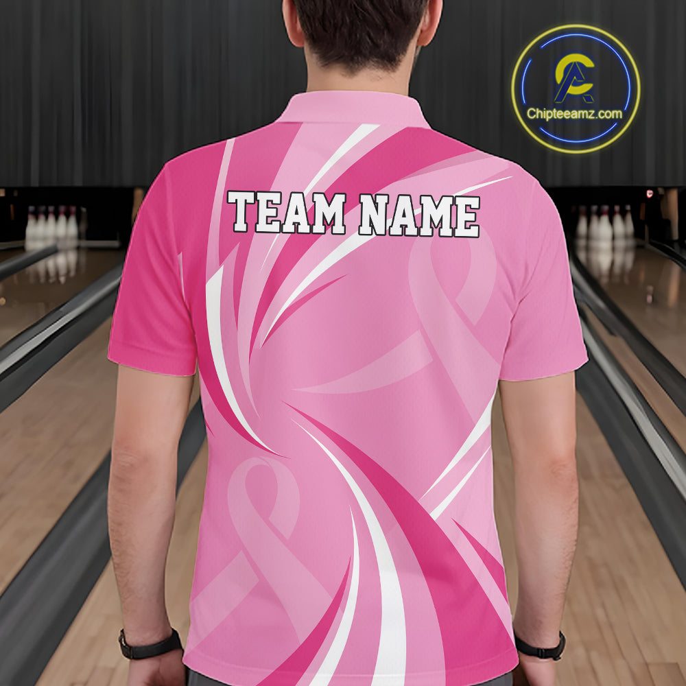 Custom Breast Cancer Awareness Pink Ribbon Bowling Team Men Polo Shirt Bowling Jersey IPHW12057