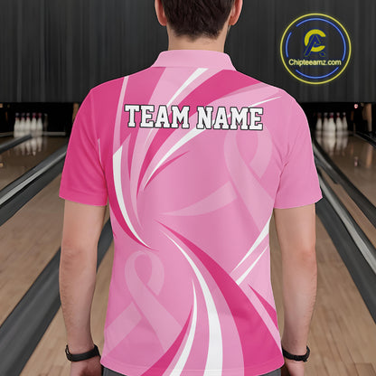 Custom Breast Cancer Awareness Pink Ribbon Bowling Team Men Polo Shirt Bowling Jersey IPHW12057