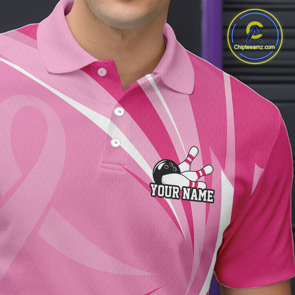 Custom Breast Cancer Awareness Pink Ribbon Bowling Team Men Polo Shirt Bowling Jersey IPHW12057