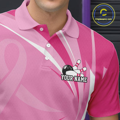 Custom Breast Cancer Awareness Pink Ribbon Bowling Team Men Polo Shirt Bowling Jersey IPHW12057