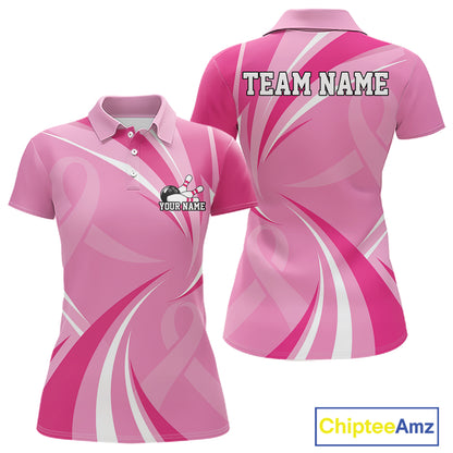 Custom Breast Cancer Awareness Pink Ribbon Bowling Team Women Polo Shirt Bowling Jersey IPHW12057