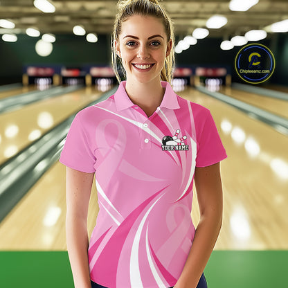 Custom Breast Cancer Awareness Pink Ribbon Bowling Team Women Polo Shirt Bowling Jersey IPHW12057