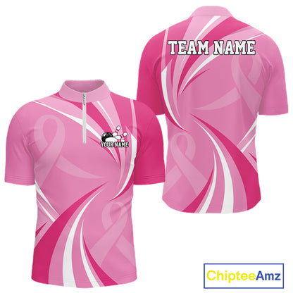 Custom Breast Cancer Awareness Pink Ribbon Bowling Team Men Quarter Zip Shirt Bowling Jersey IPHW12057