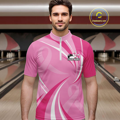 Custom Breast Cancer Awareness Pink Ribbon Bowling Team Men Quarter Zip Shirt Bowling Jersey IPHW12057