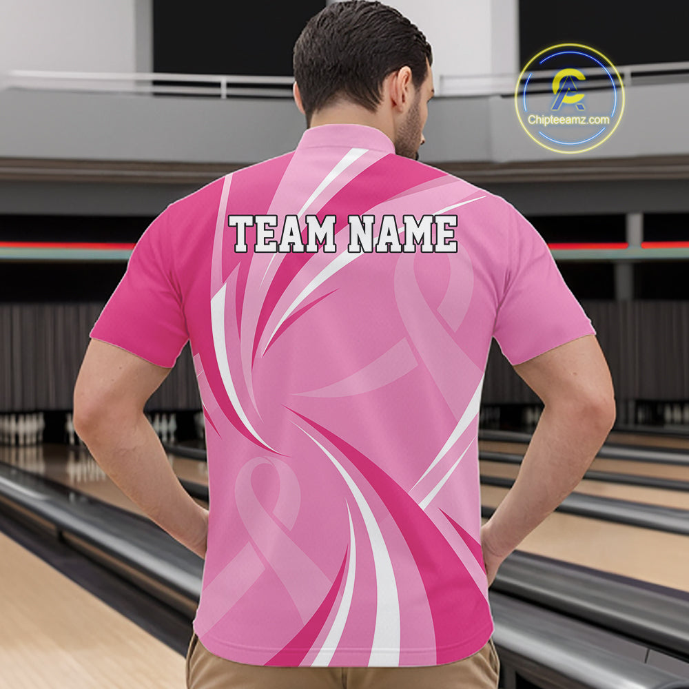Custom Breast Cancer Awareness Pink Ribbon Bowling Team Men Quarter Zip Shirt Bowling Jersey IPHW12057