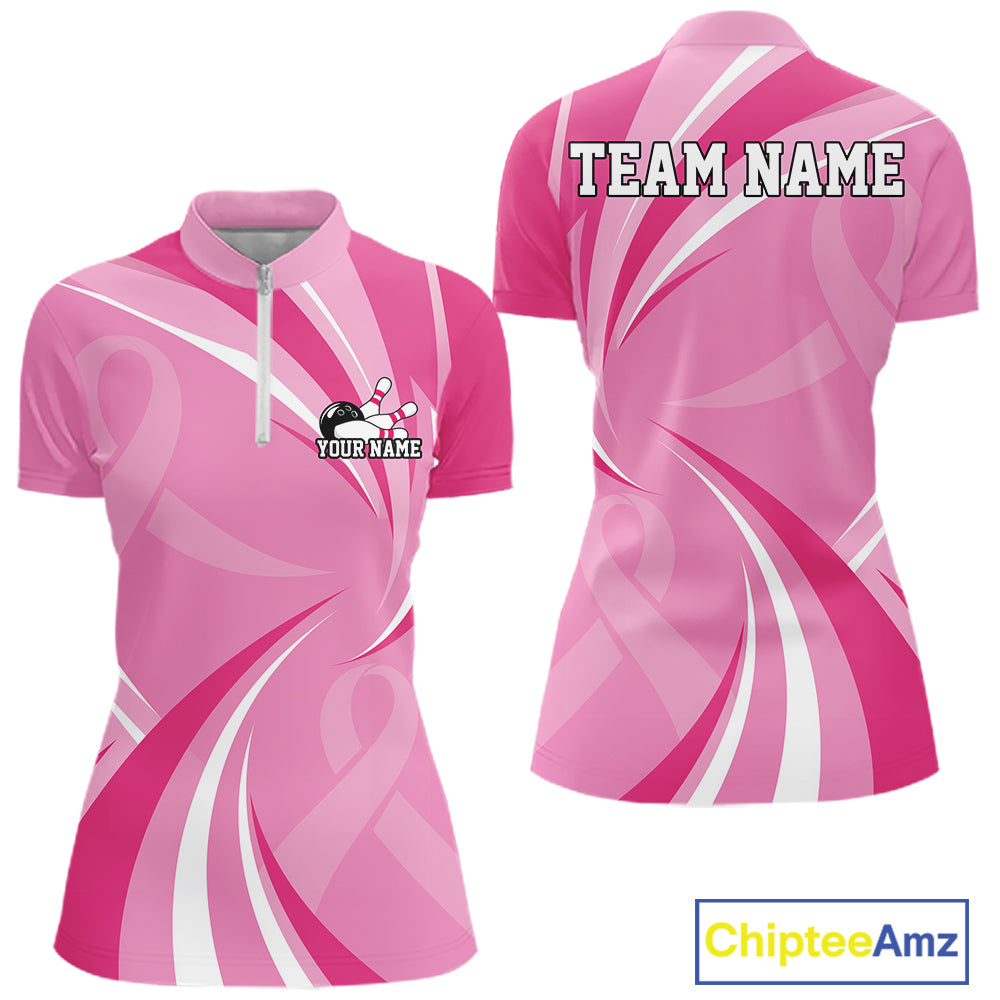 Custom Breast Cancer Pink Ribbon Bowling Team Women Quarter-Zip Shirt Bowling Jersey IPHW12057