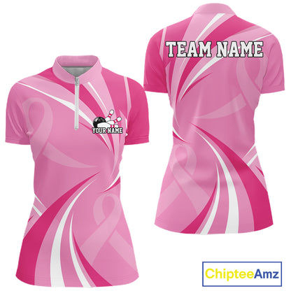 Custom Breast Cancer Pink Ribbon Bowling Team Women Quarter-Zip Shirt Bowling Jersey IPHW12057