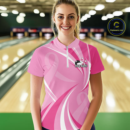 Custom Breast Cancer Pink Ribbon Bowling Team Women Quarter-Zip Shirt Bowling Jersey IPHW12057
