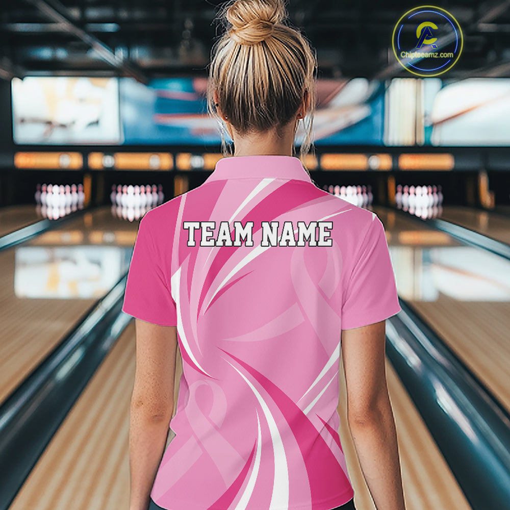 Custom Breast Cancer Pink Ribbon Bowling Team Women Quarter-Zip Shirt Bowling Jersey IPHW12057