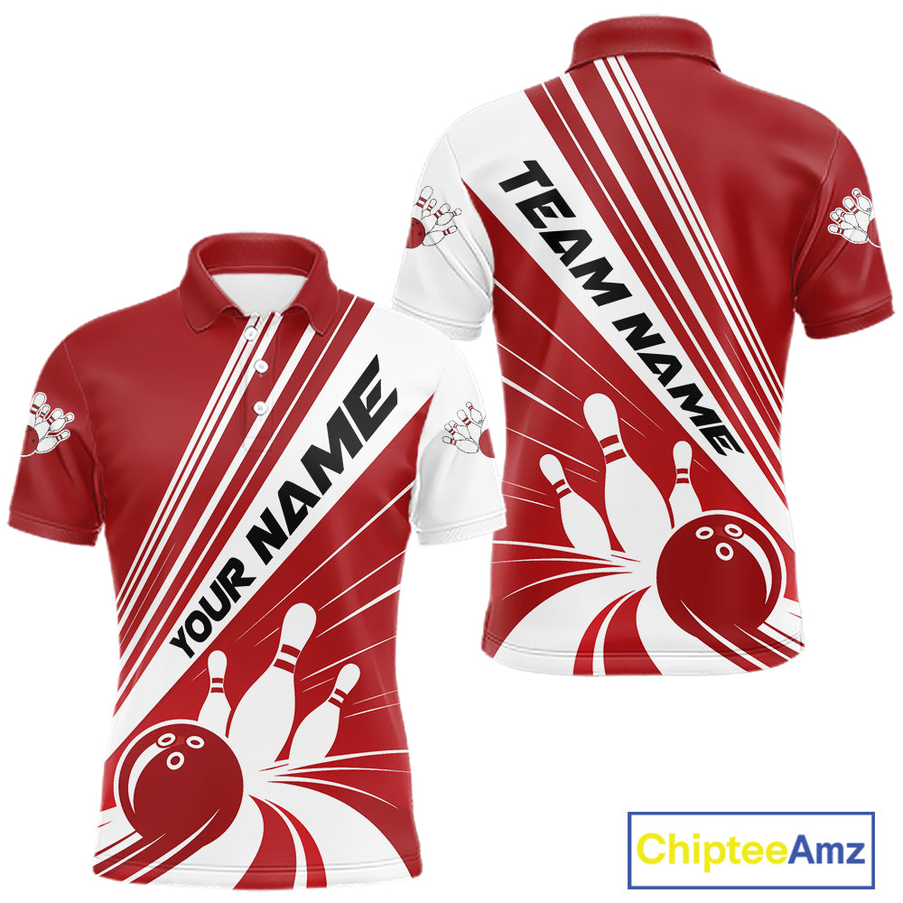 Custom White And Red Classic Retro Bowling Team Men Polo Shirt, Bowling League Shirt IPHW12067