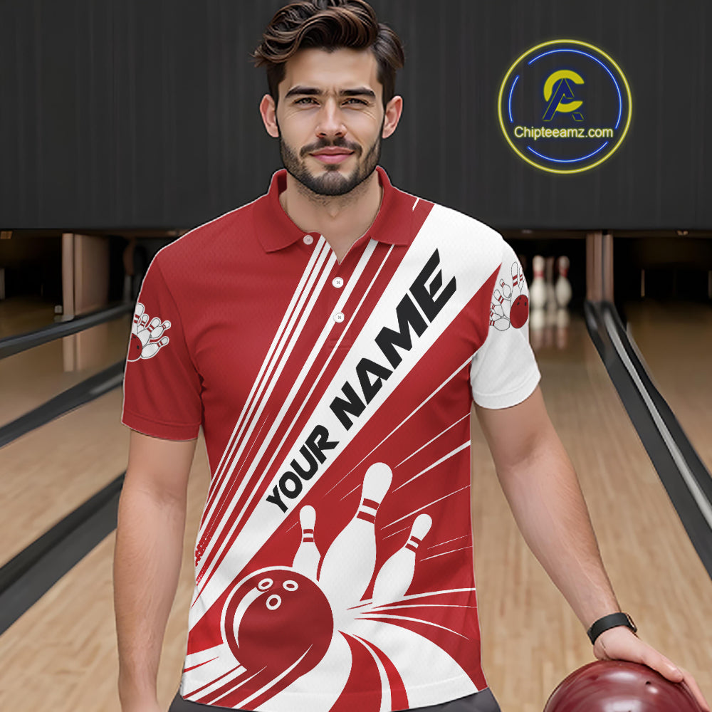 Custom White And Red Classic Retro Bowling Team Men Polo Shirt, Bowling League Shirt IPHW12067