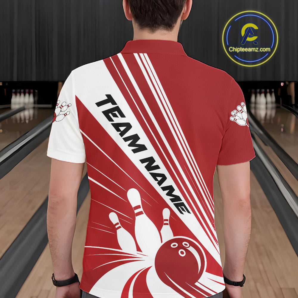 Custom White And Red Classic Retro Bowling Team Men Polo Shirt, Bowling League Shirt IPHW12067