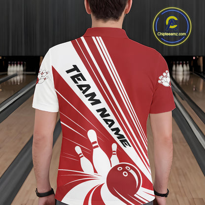 Custom White And Red Classic Retro Bowling Team Men Polo Shirt, Bowling League Shirt IPHW12067