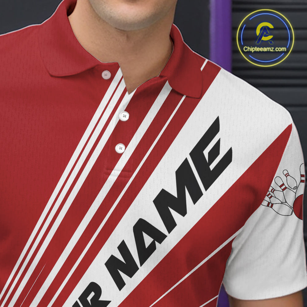 Custom White And Red Classic Retro Bowling Team Men Polo Shirt, Bowling League Shirt IPHW12067