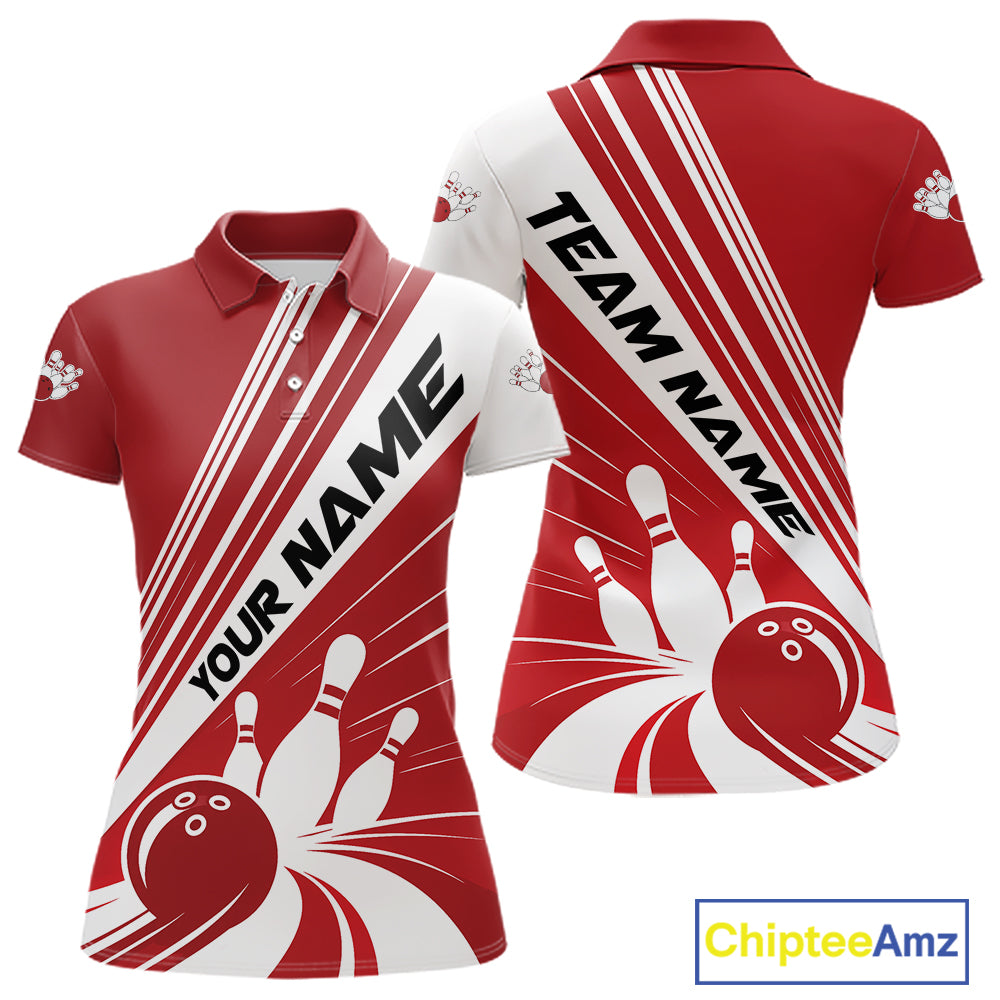 Custom White And Red Classic Retro Bowling Team Women Polo Shirt, Bowling League Shirt IPHW12067