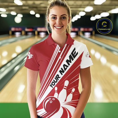 Custom White And Red Classic Retro Bowling Team Women Polo Shirt, Bowling League Shirt IPHW12067
