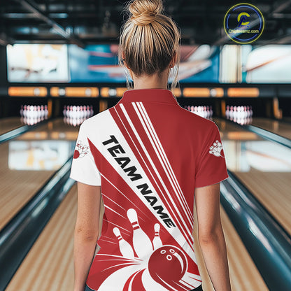 Custom White And Red Classic Retro Bowling Team Women Polo Shirt, Bowling League Shirt IPHW12067