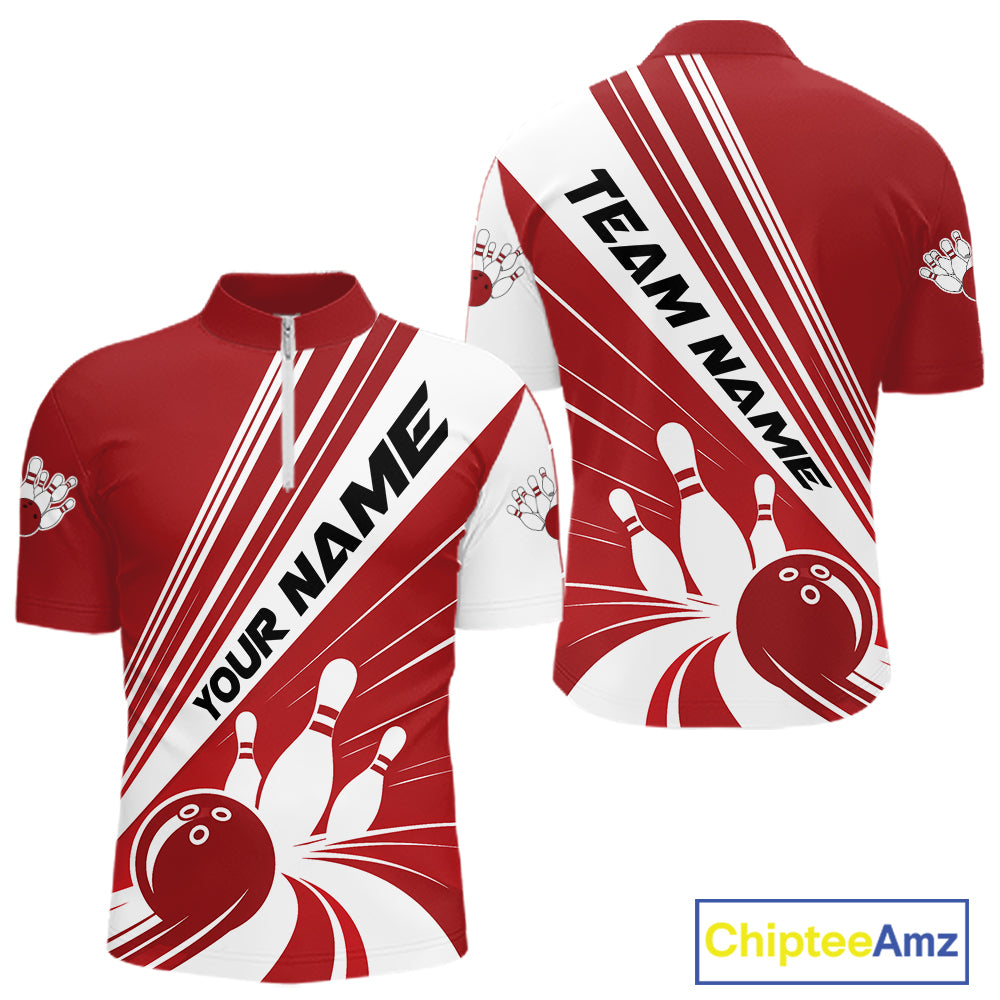 Custom White And Red Classic Retro Bowling Team Men Quarter Zip Shirt, Bowling League Shirt IPHW12067