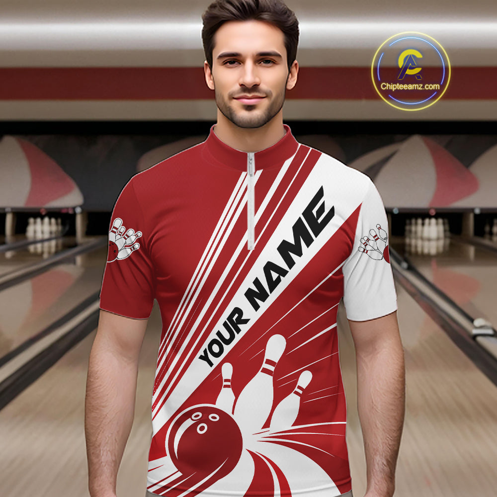 Custom White And Red Classic Retro Bowling Team Men Quarter Zip Shirt, Bowling League Shirt IPHW12067