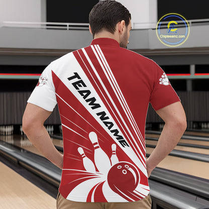 Custom White And Red Classic Retro Bowling Team Men Quarter Zip Shirt, Bowling League Shirt IPHW12067