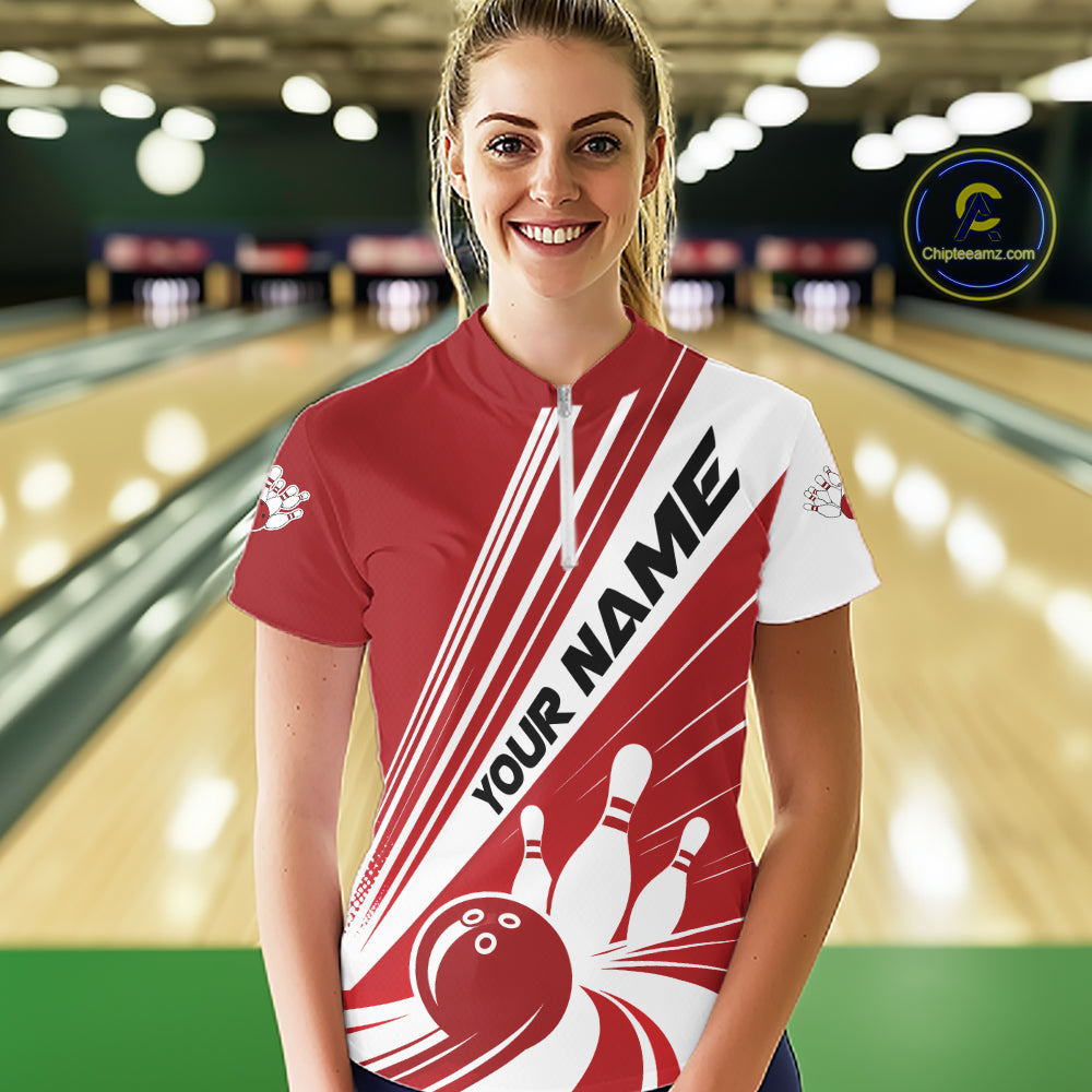Custom Red Classic Retro Bowling Team Women Quarter-Zip Shirt, Bowling League Shirt IPHW12067