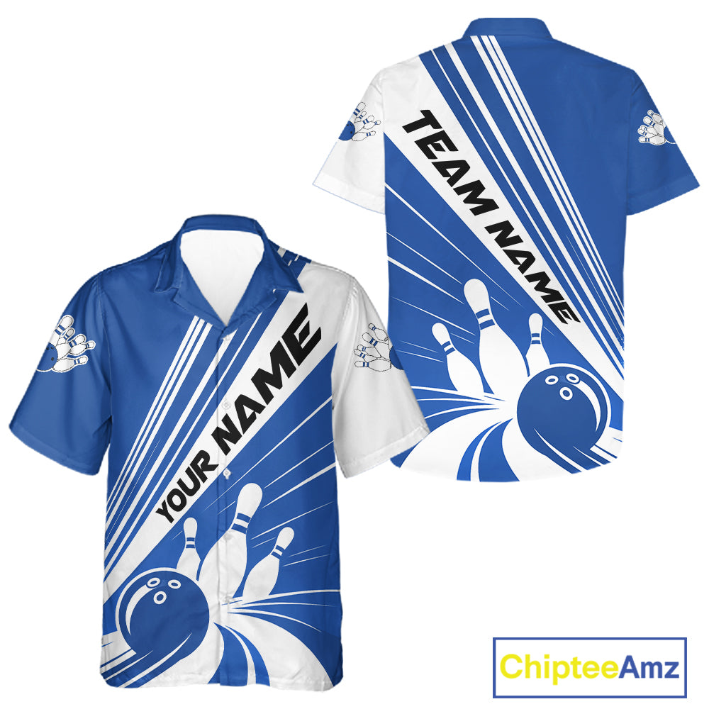 Custom White And Blue Classic Retro Bowling Team Men And Women Button Up Shirt, Bowling League Shirt IPHW12068