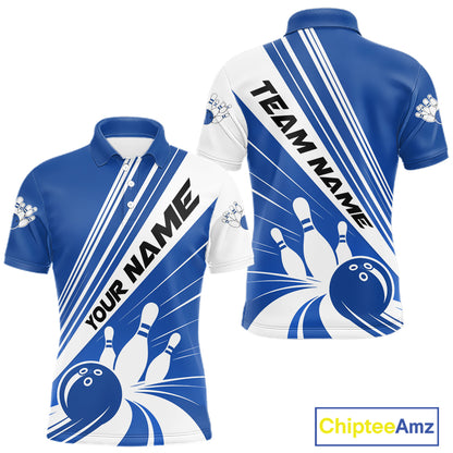 Custom White And Blue Classic Retro Bowling Team Men Polo Shirt, Bowling League Shirt IPHW12068