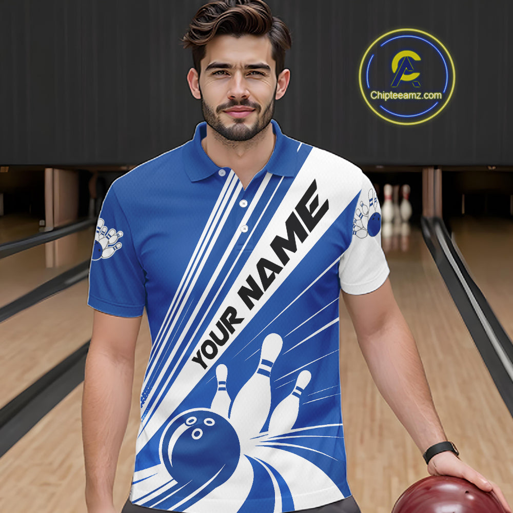 Custom White And Blue Classic Retro Bowling Team Men Polo Shirt, Bowling League Shirt IPHW12068