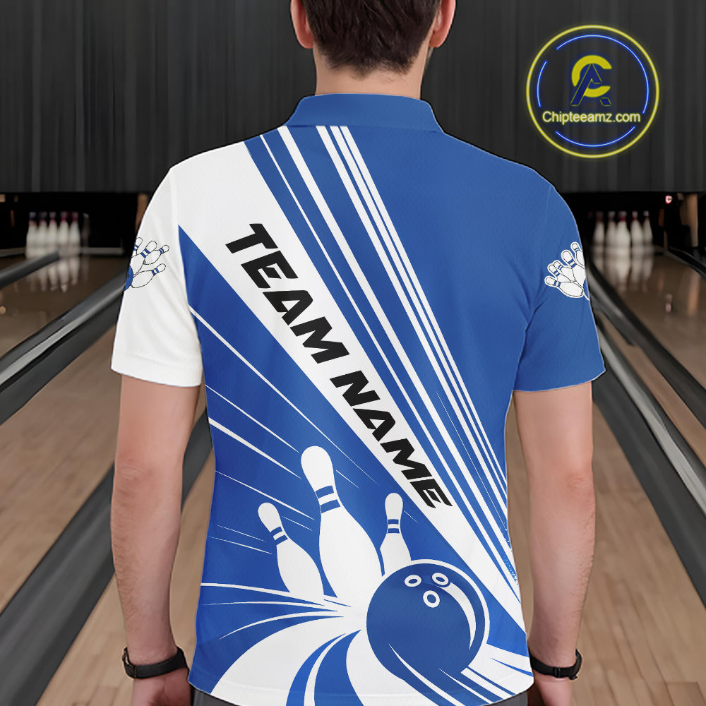 Custom White And Blue Classic Retro Bowling Team Men Polo Shirt, Bowling League Shirt IPHW12068