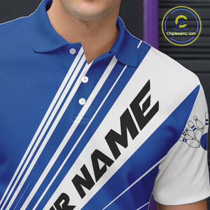 Custom White And Blue Classic Retro Bowling Team Men Polo Shirt, Bowling League Shirt IPHW12068