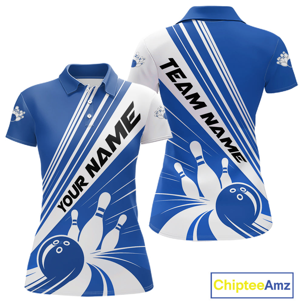 Custom White And Blue Classic Retro Bowling Team Women Polo Shirt, Bowling League Shirt IPHW12068