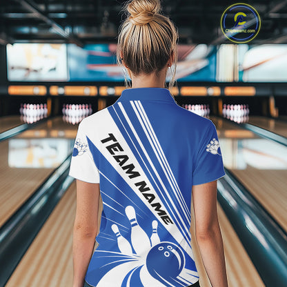 Custom White And Blue Classic Retro Bowling Team Women Polo Shirt, Bowling League Shirt IPHW12068