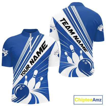 Custom White And Blue Classic Retro Bowling Team Men Quarter Zip Shirt, Bowling League Shirt IPHW12068