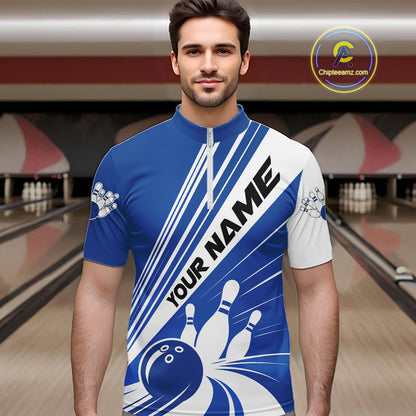 Custom White And Blue Classic Retro Bowling Team Men Quarter Zip Shirt, Bowling League Shirt IPHW12068