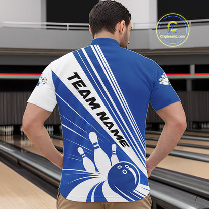 Custom White And Blue Classic Retro Bowling Team Men Quarter Zip Shirt, Bowling League Shirt IPHW12068