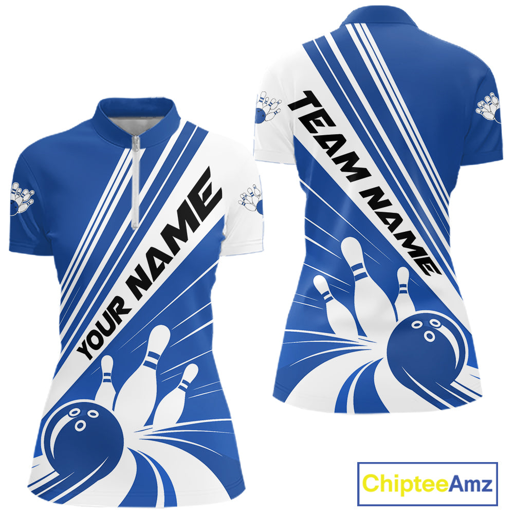 Custom Blue Classic Retro Bowling Team Women Quarter-Zip Shirt, Bowling League Shirt IPHW12068