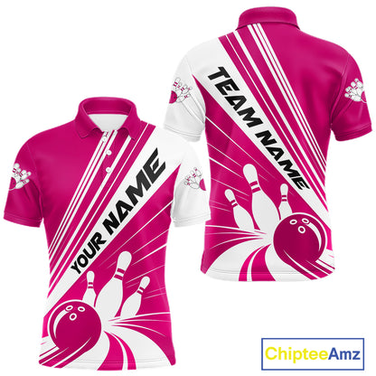 Custom White And Pink Classic Retro Bowling Team Men Polo Shirt, Bowling League Shirt IPHW12069